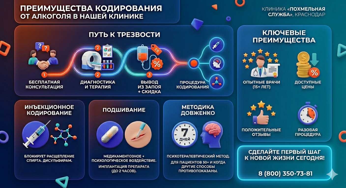 Инфографика о методах кодирования от алкоголя в Сальске: инъекции, подшивание, метод Довженко. Преимущества клиники и этапы лечения.