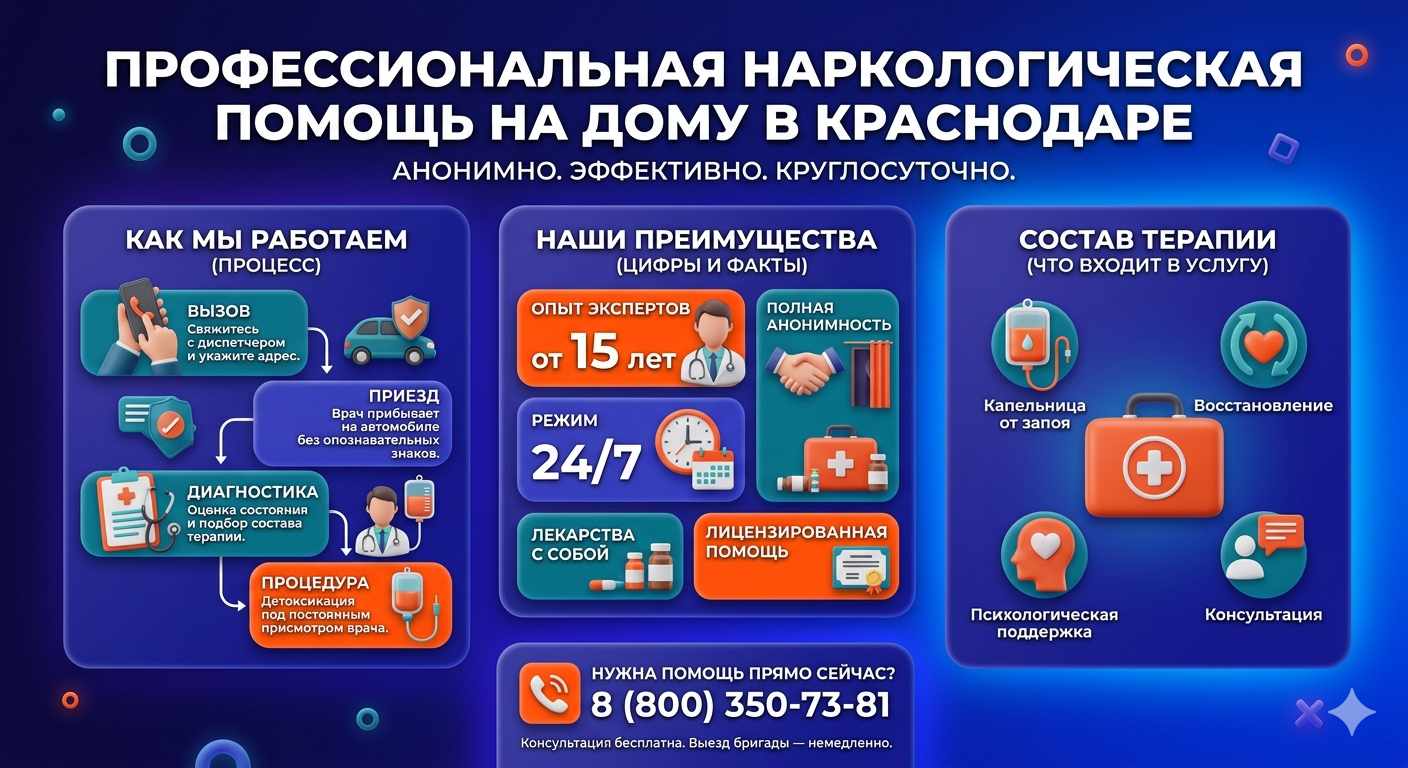 Инфографика о принципах лечения алкоголизма на дому в Сальске: этапы вызова нарколога, преимущества анонимной детоксикации и состав медицинской помощи.